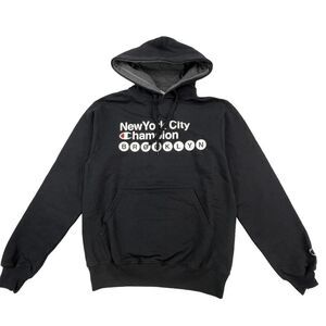 New Champion Men Black Hoodie Logo Printed Long Sleeve Pocket Pullover US S